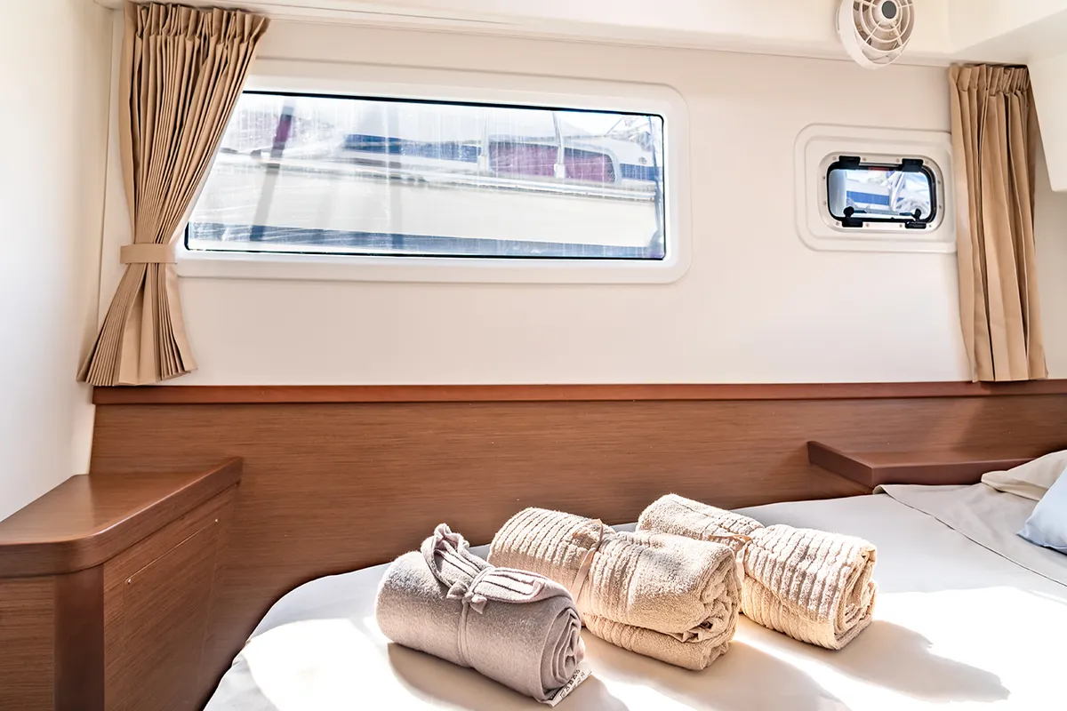 Cabin on Beatrix, a Lagoon 42 catamaran at Cagliari, Italy