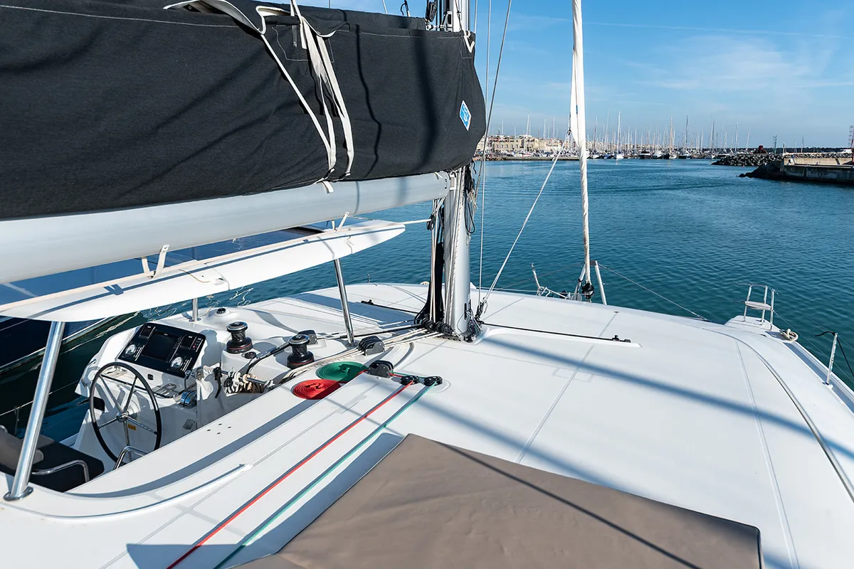 Deck of Beatrix, a Lagoon 42 catamaran at Cagliari, Italy