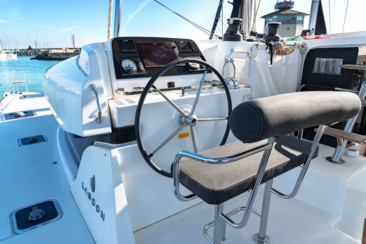 Cockpit of Beatrix, a Lagoon 42 catamaran at Cagliari, Italy