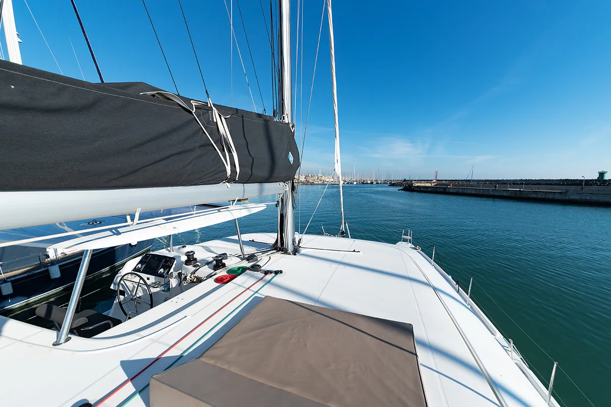 Deck of Beatrix, a Lagoon 42 catamaran at Cagliari, Italy
