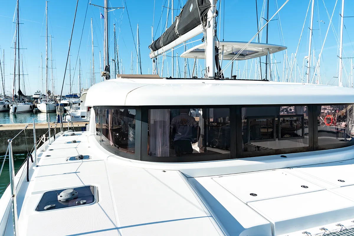 Exterior view of Beatrix, a Lagoon 42 catamaran at Cagliari, Italy