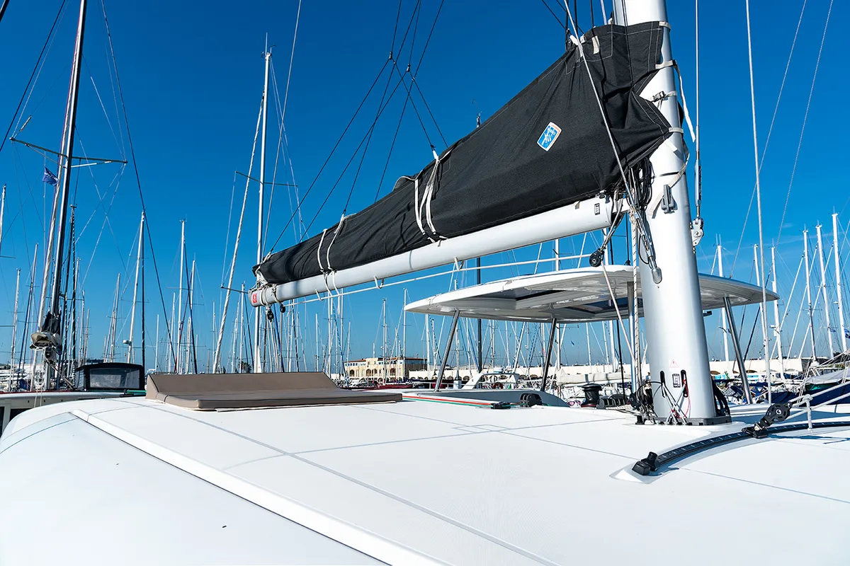 Deck of Beatrix, a Lagoon 42 catamaran at Cagliari, Italy
