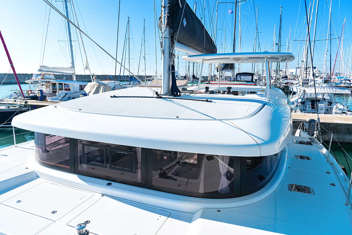 Exterior view of Beatrix, a Lagoon 42 catamaran at Cagliari, Italy