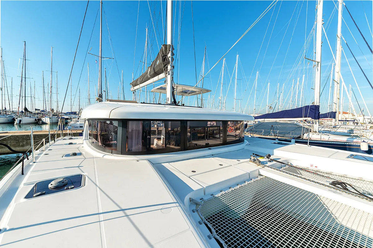 Deck of Beatrix, a Lagoon 42 catamaran at Cagliari, Italy
