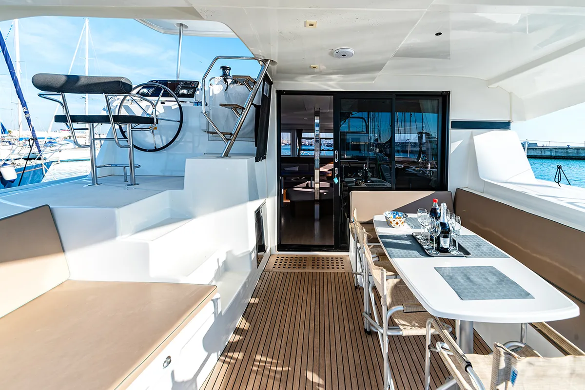 Deck of Beatrix, a Lagoon 42 catamaran at Cagliari, Italy