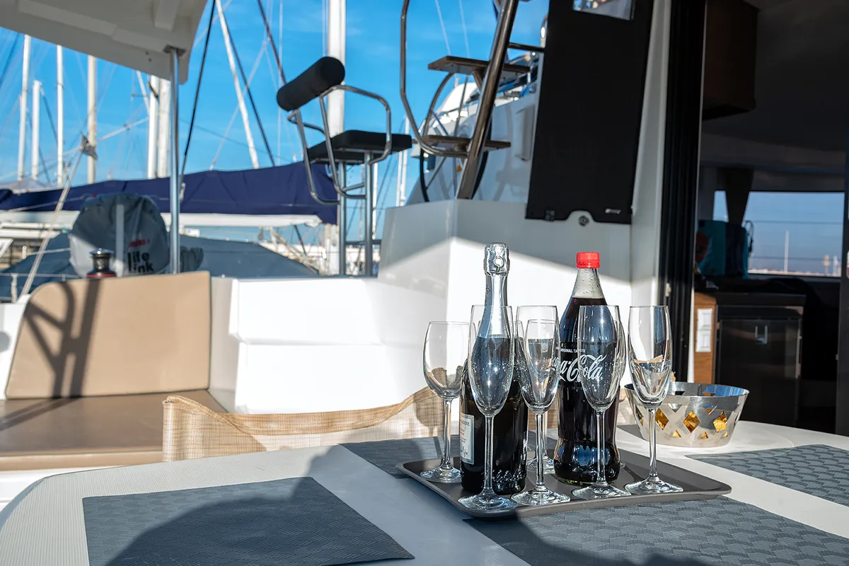 Deck of Beatrix, a Lagoon 42 catamaran at Cagliari, Italy