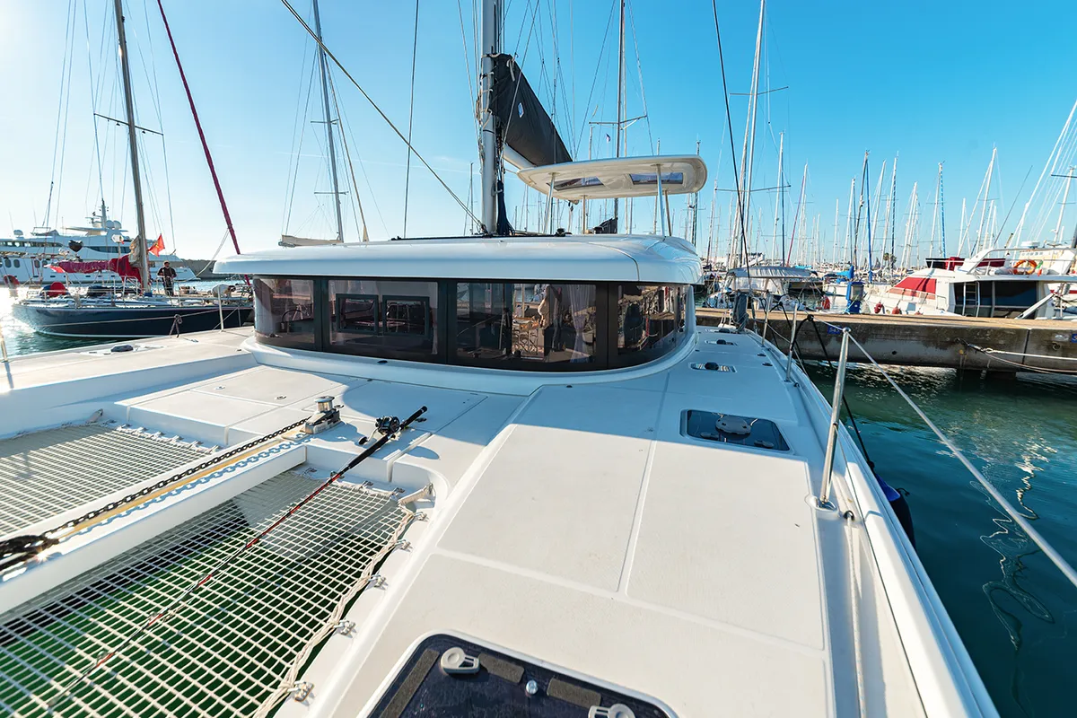 Deck of Beatrix, a Lagoon 42 catamaran at Cagliari, Italy