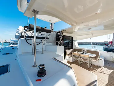 Deck of Beatrix, a Lagoon 42 catamaran at Cagliari, Italy