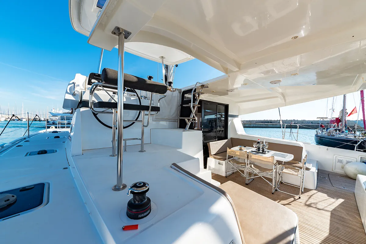 Deck of Beatrix, a Lagoon 42 catamaran at Cagliari, Italy