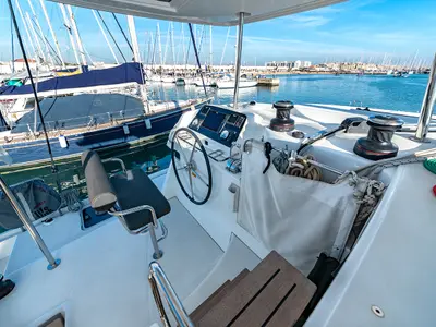 Cockpit of Beatrix, a Lagoon 42 catamaran at Cagliari, Italy