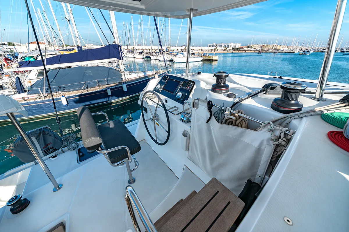 Cockpit of Beatrix, a Lagoon 42 catamaran at Cagliari, Italy