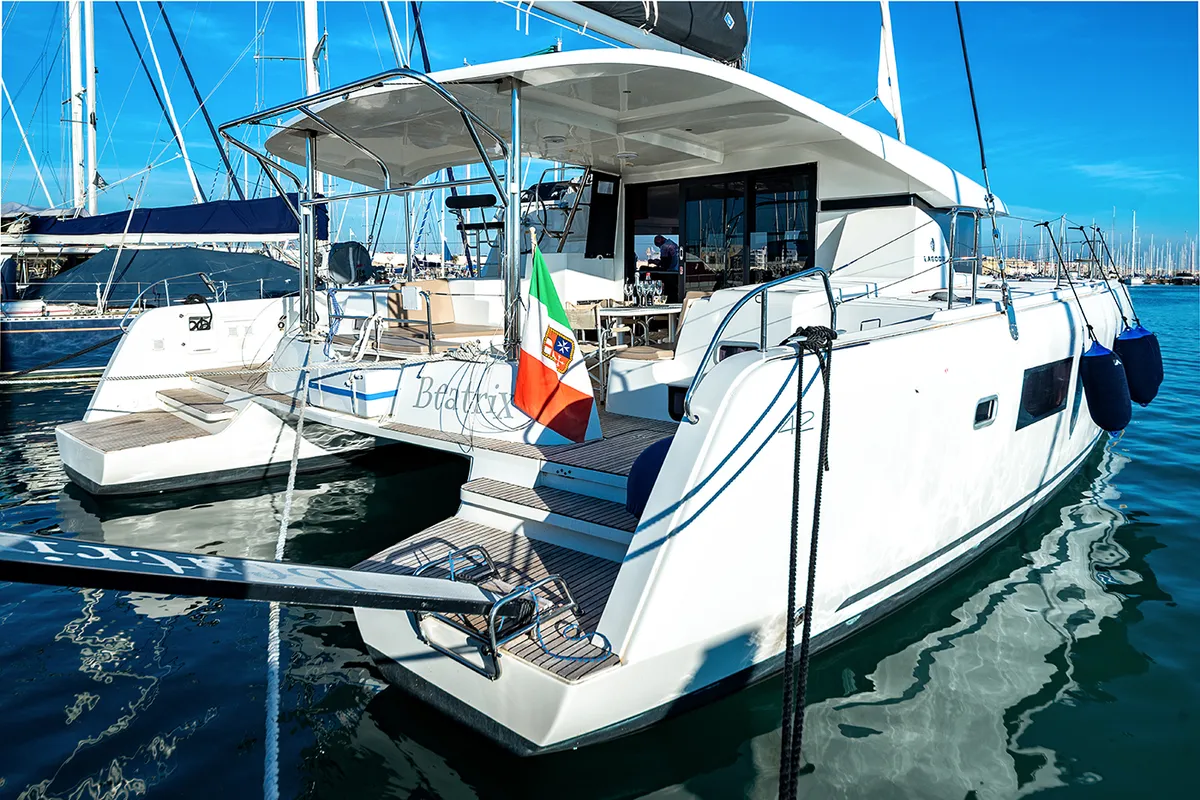 Exterior view of Beatrix, a Lagoon 42 catamaran at Cagliari, Italy
