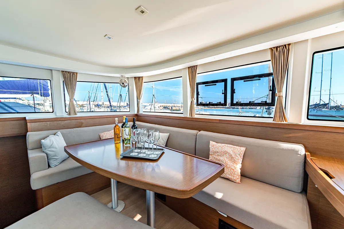 Salon of Beatrix, a Lagoon 42 catamaran at Cagliari, Italy