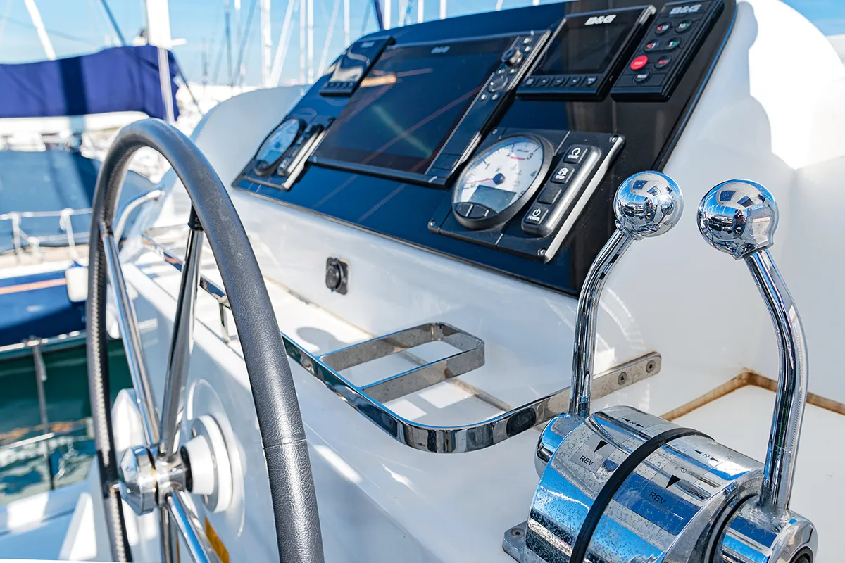 Cockpit of Beatrix, a Lagoon 42 catamaran at Cagliari, Italy