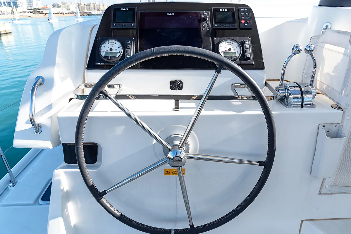 Cockpit of Beatrix, a Lagoon 42 catamaran at Cagliari, Italy