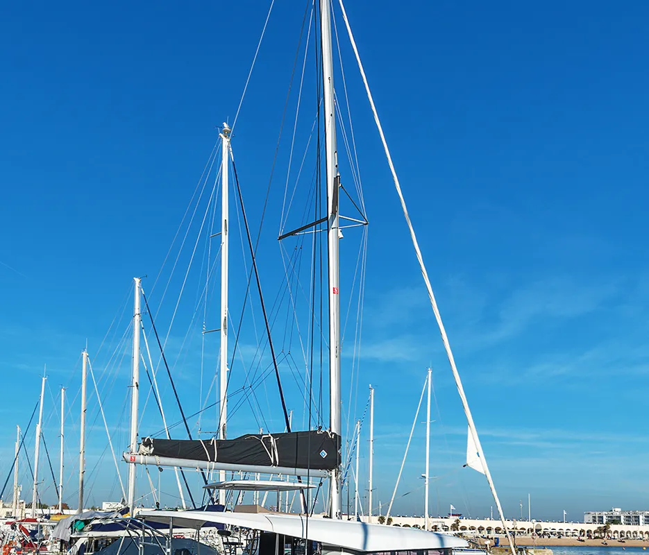 Exterior view of Beatrix, a Lagoon 42 catamaran at Cagliari, Italy