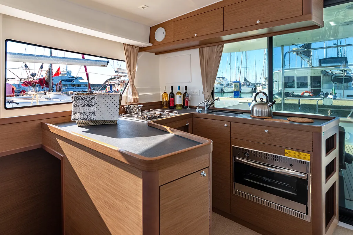 Galley of Beatrix, a Lagoon 42 catamaran at Cagliari, Italy