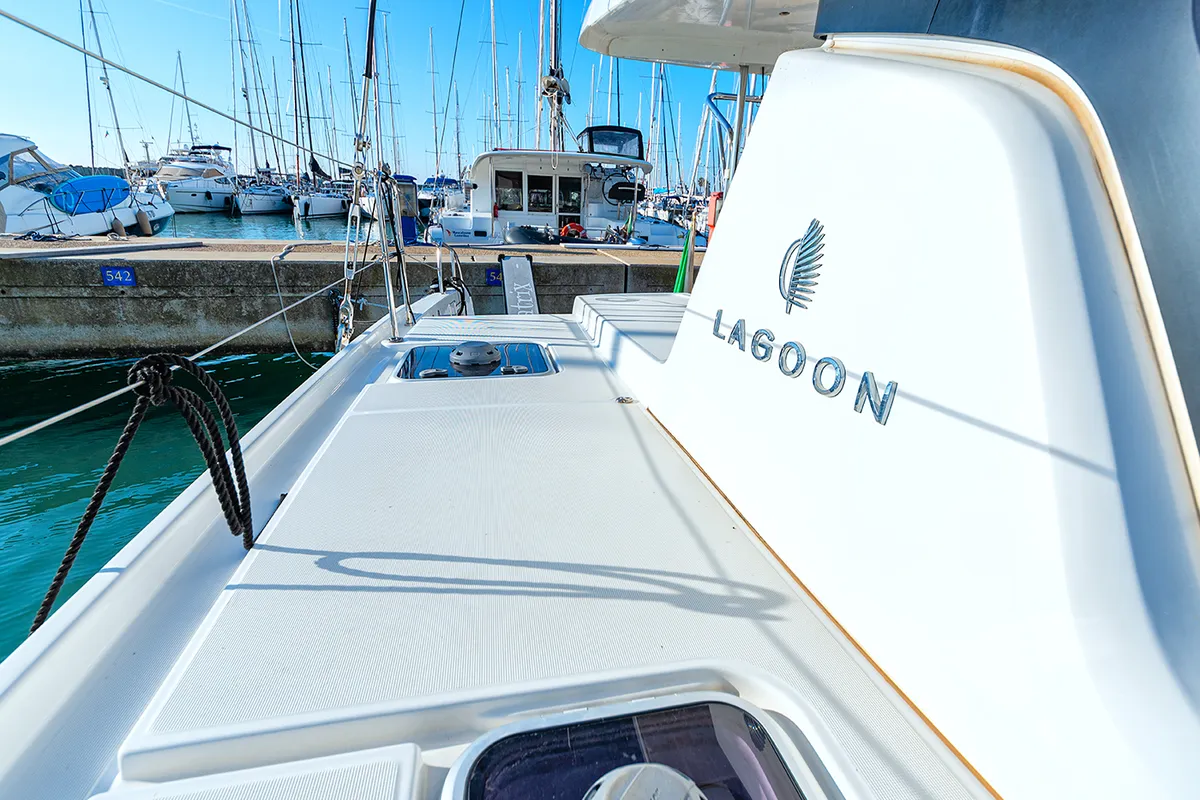 Exterior view of Beatrix, a Lagoon 42 catamaran at Cagliari, Italy