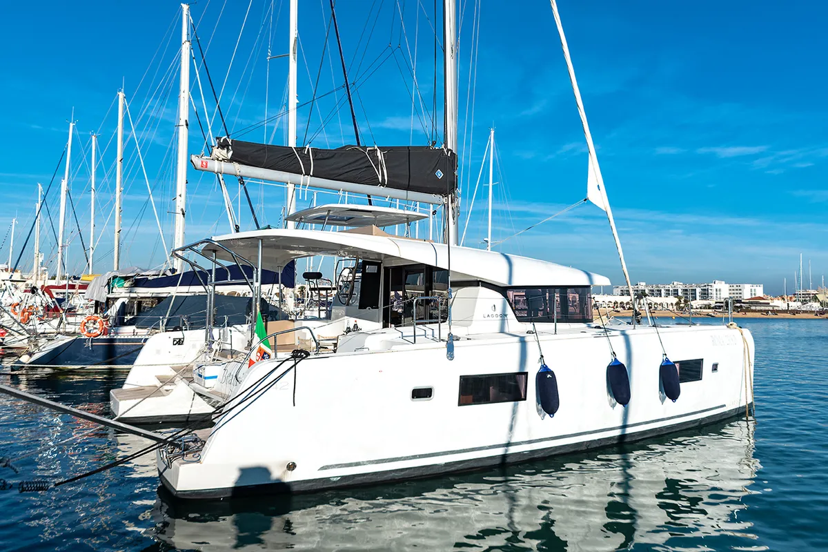 Exterior view of Beatrix, a Lagoon 42 catamaran at Cagliari, Italy