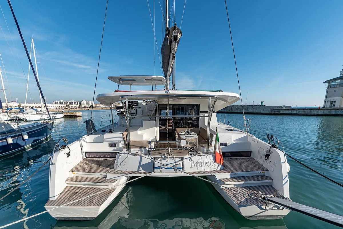Exterior view of Beatrix, a Lagoon 42 catamaran at Cagliari, Italy