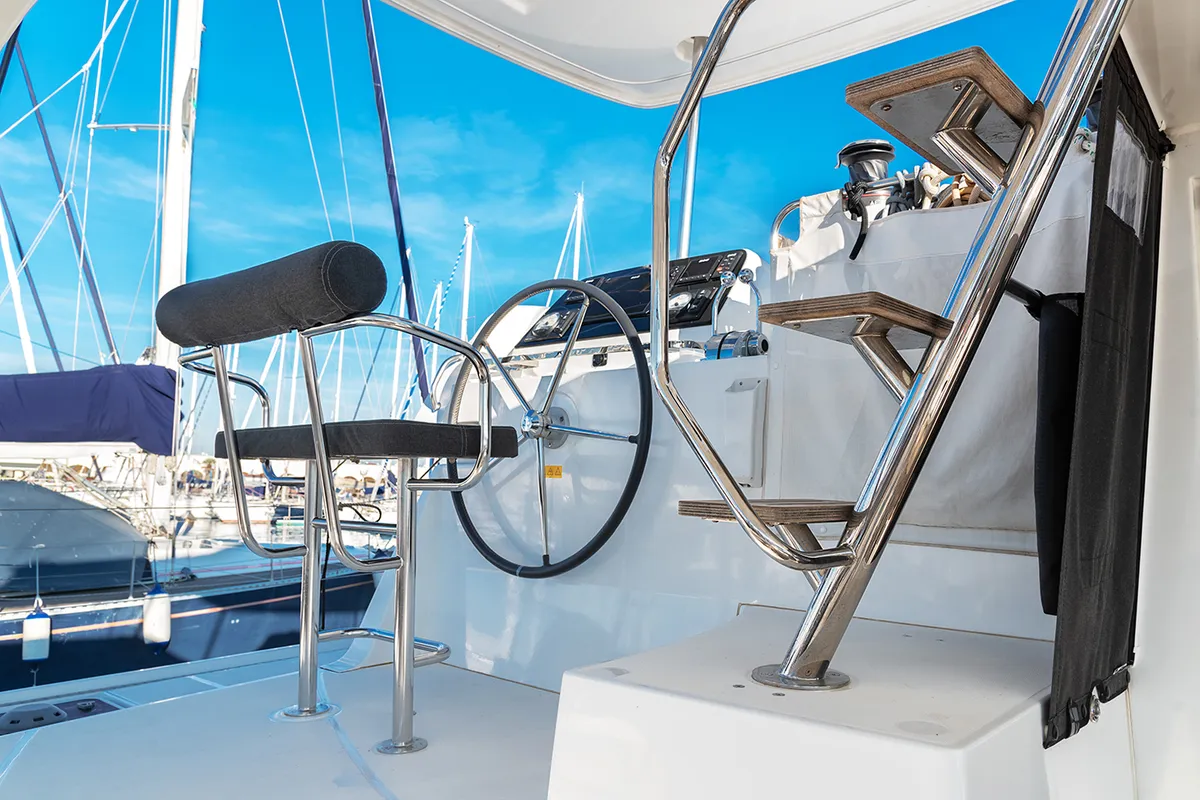 Cockpit of Beatrix, a Lagoon 42 catamaran at Cagliari, Italy