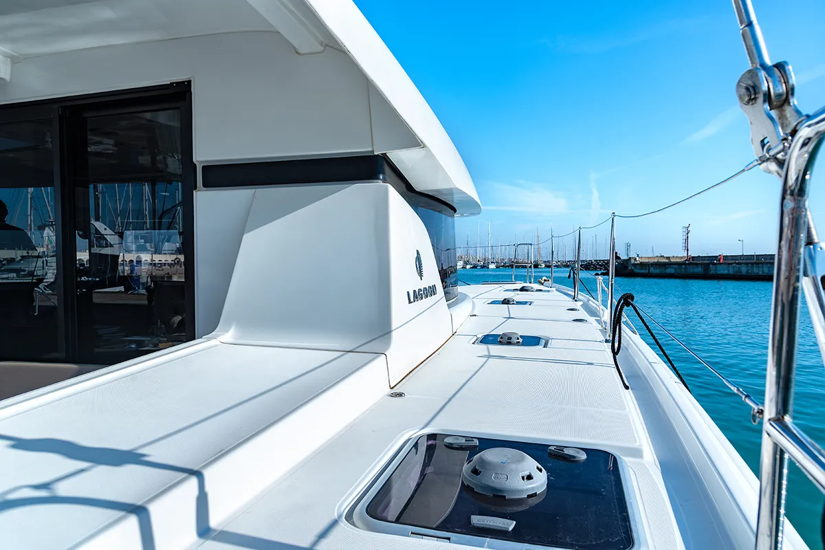 Deck of Beatrix, a Lagoon 42 catamaran at Cagliari, Italy
