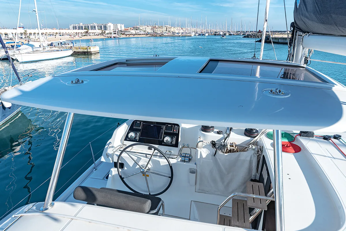 Cockpit of Beatrix, a Lagoon 42 catamaran at Cagliari, Italy