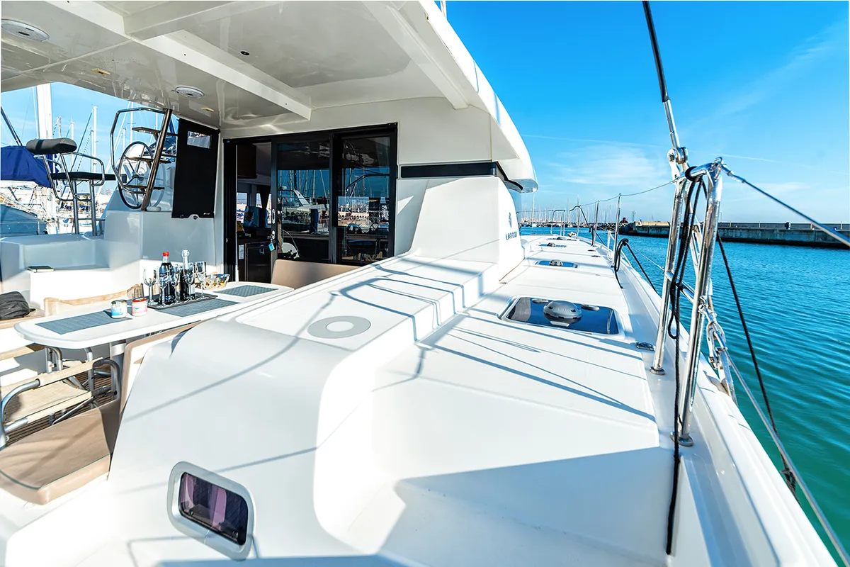 Deck of Beatrix, a Lagoon 42 catamaran at Cagliari, Italy
