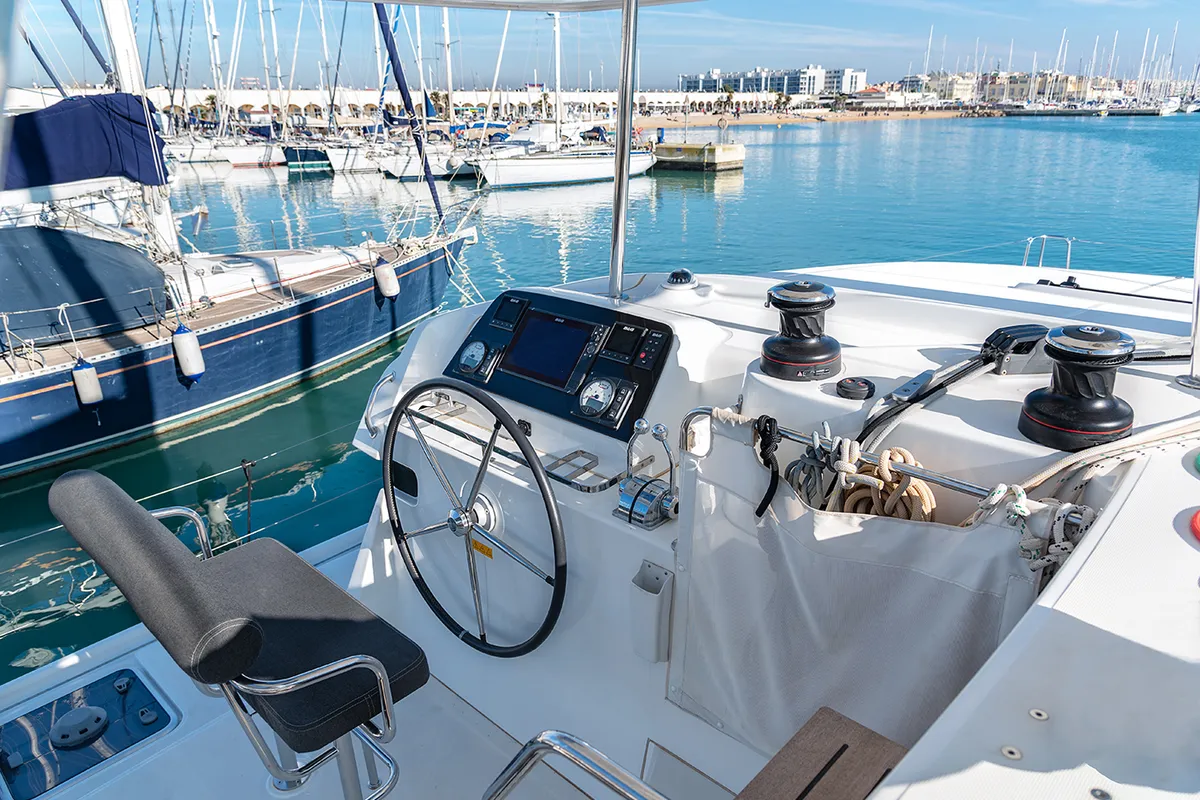 Cockpit of Beatrix, a Lagoon 42 catamaran at Cagliari, Italy