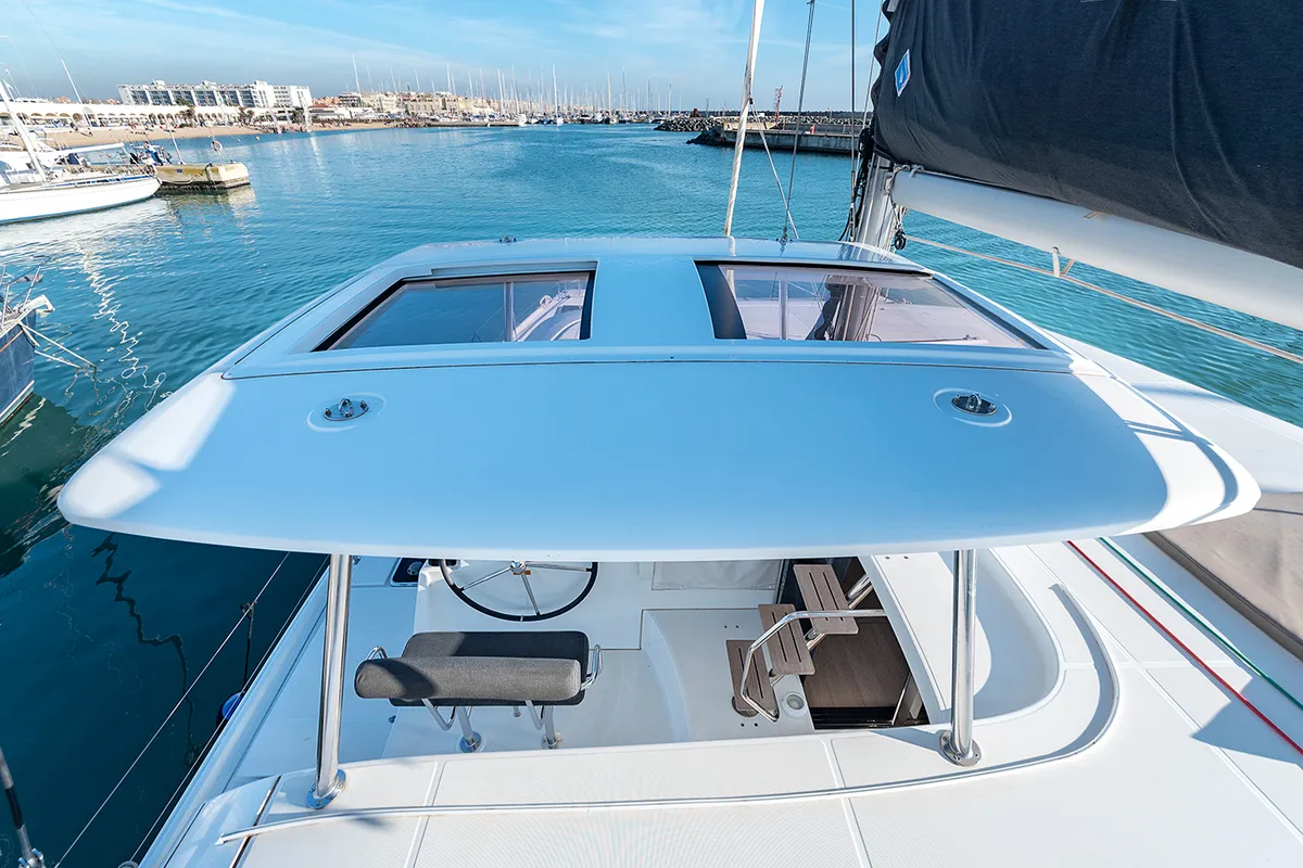 Cockpit of Beatrix, a Lagoon 42 catamaran at Cagliari, Italy