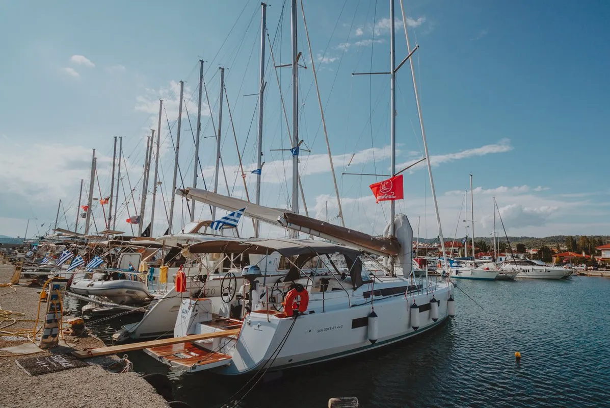 Cockpit of Eleni, a Jeanneau Sun Odyssey 440 sailboat at Sithonia Municipal Unit, Greece