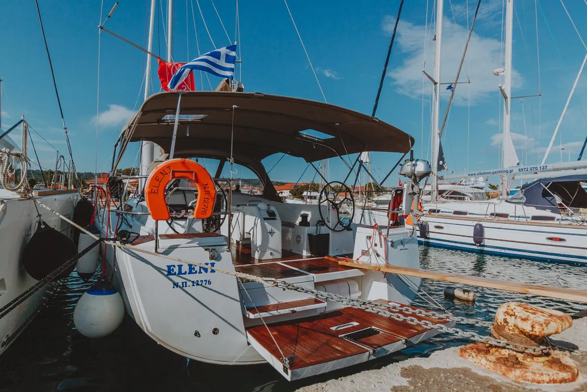 Exterior view of Eleni, a Jeanneau Sun Odyssey 440 sailboat at Sithonia Municipal Unit, Greece