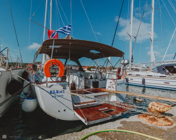 Exterior view of Eleni, a Jeanneau Sun Odyssey 440 sailboat at Sithonia Municipal Unit, Greece