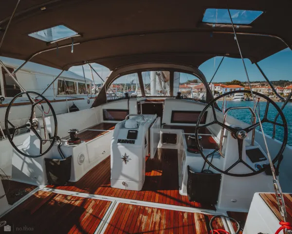 Cockpit of Eleni, a Jeanneau Sun Odyssey 440 sailboat at Sithonia Municipal Unit, Greece