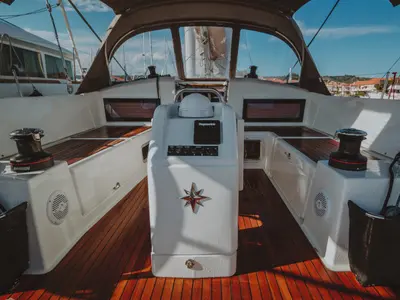 Cockpit of Eleni, a Jeanneau Sun Odyssey 440 sailboat at Sithonia Municipal Unit, Greece