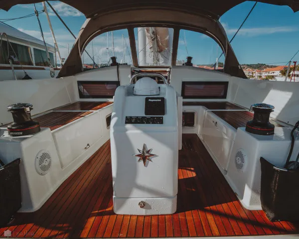 Cockpit of Eleni, a Jeanneau Sun Odyssey 440 sailboat at Sithonia Municipal Unit, Greece
