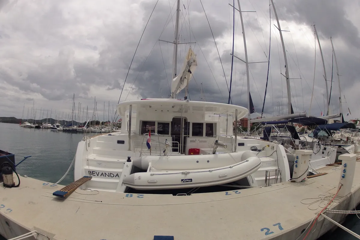 Exterior view of Bevanda, a Lagoon 450 catamaran at Općina Medulin, Croatia