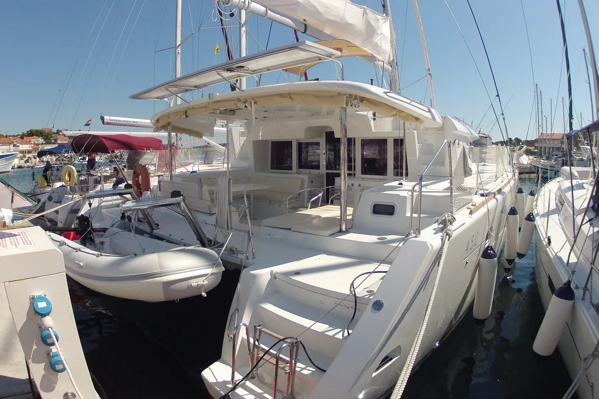 Exterior view of Bevanda, a Lagoon 450 catamaran at Općina Medulin, Croatia