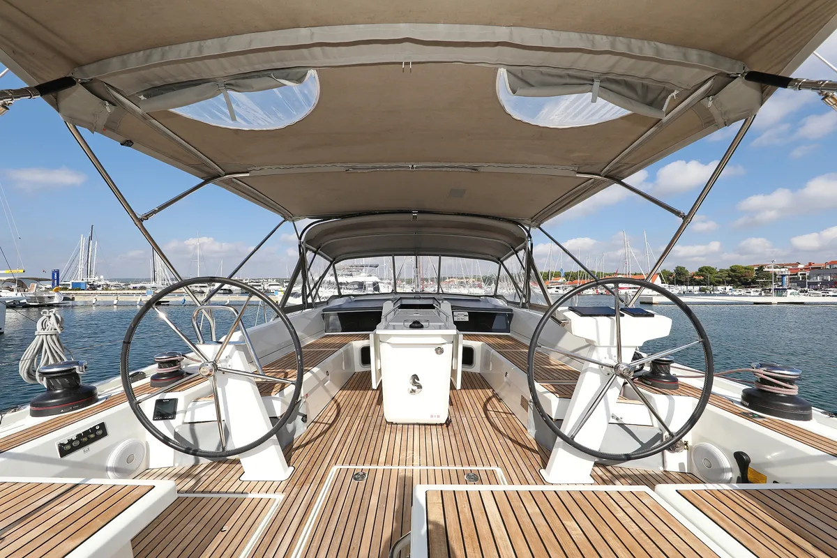 Cockpit of Jupiter, a Beneteau Oceanis 51.1 sailboat at Grad Biograd na Moru, Croatia