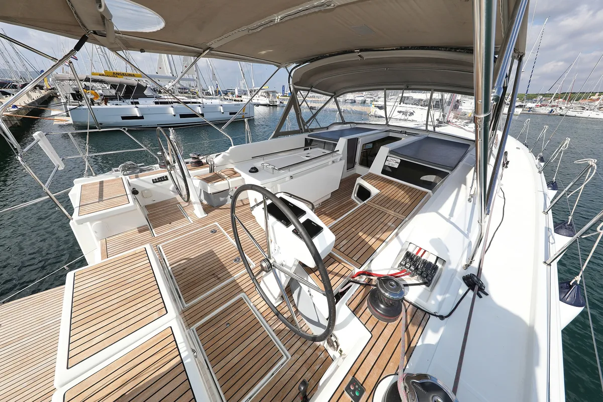 Cockpit of Jupiter, a Beneteau Oceanis 51.1 sailboat at Grad Biograd na Moru, Croatia