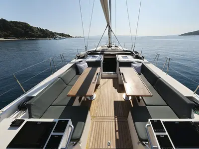 Deck of BE Luxe, a Bavaria C57 sailboat at Split, Croatia