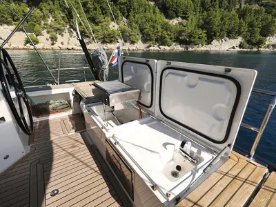 Cockpit of BE Luxe, a Bavaria C57 sailboat at Split, Croatia