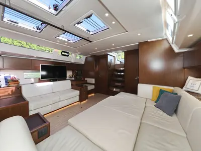 Salon of BE Luxe, a Bavaria C57 sailboat at Split, Croatia