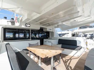 Deck of MareAmare - Premium line, a Lagoon 46 catamaran at Capo d'Orlando, Italy