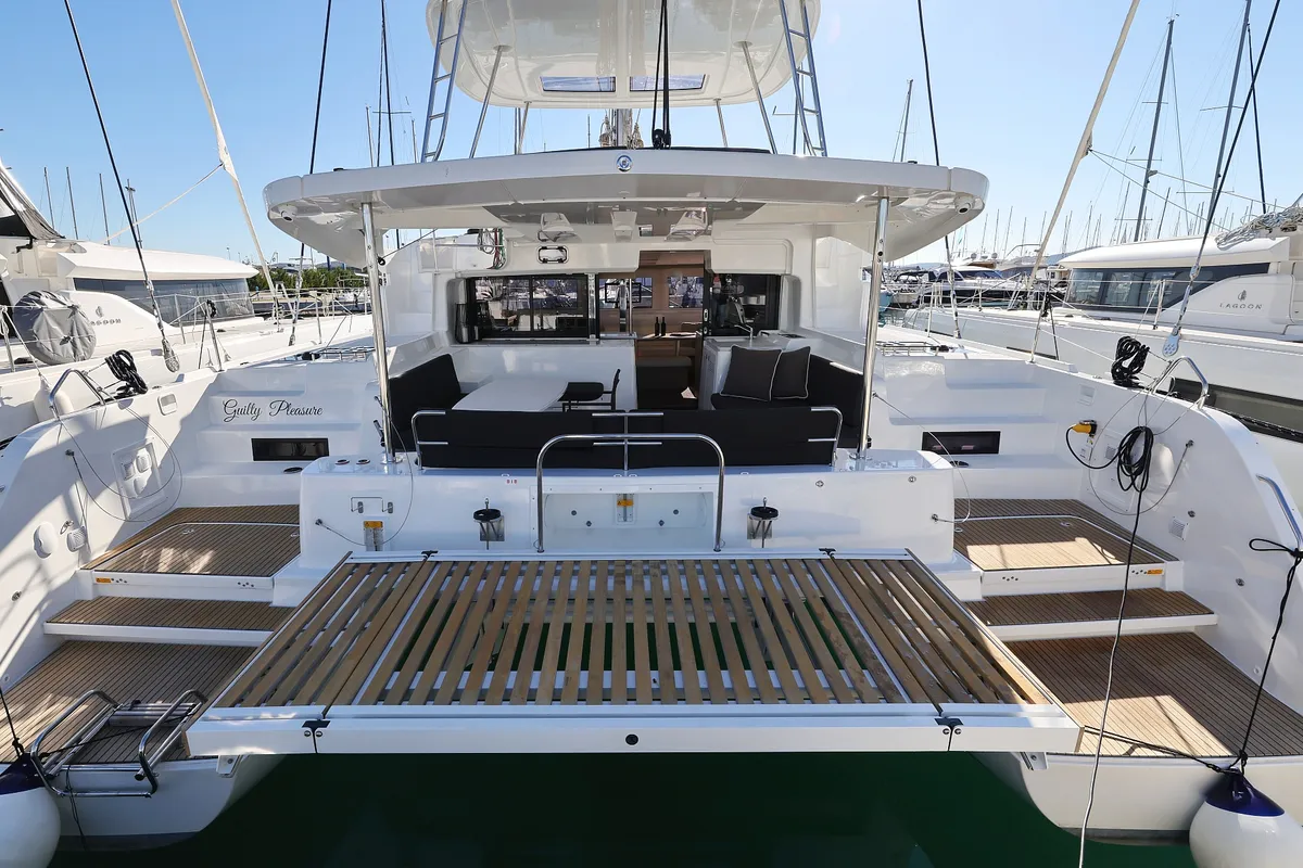 Exterior view of Guilty Pleasure, a Lagoon 46 catamaran at Općina Sukošan, Croatia