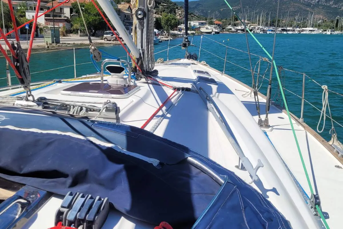 Deck of Denise, a Bavaria 46 sailboat at Municipal Unit of Ellomenos, Greece