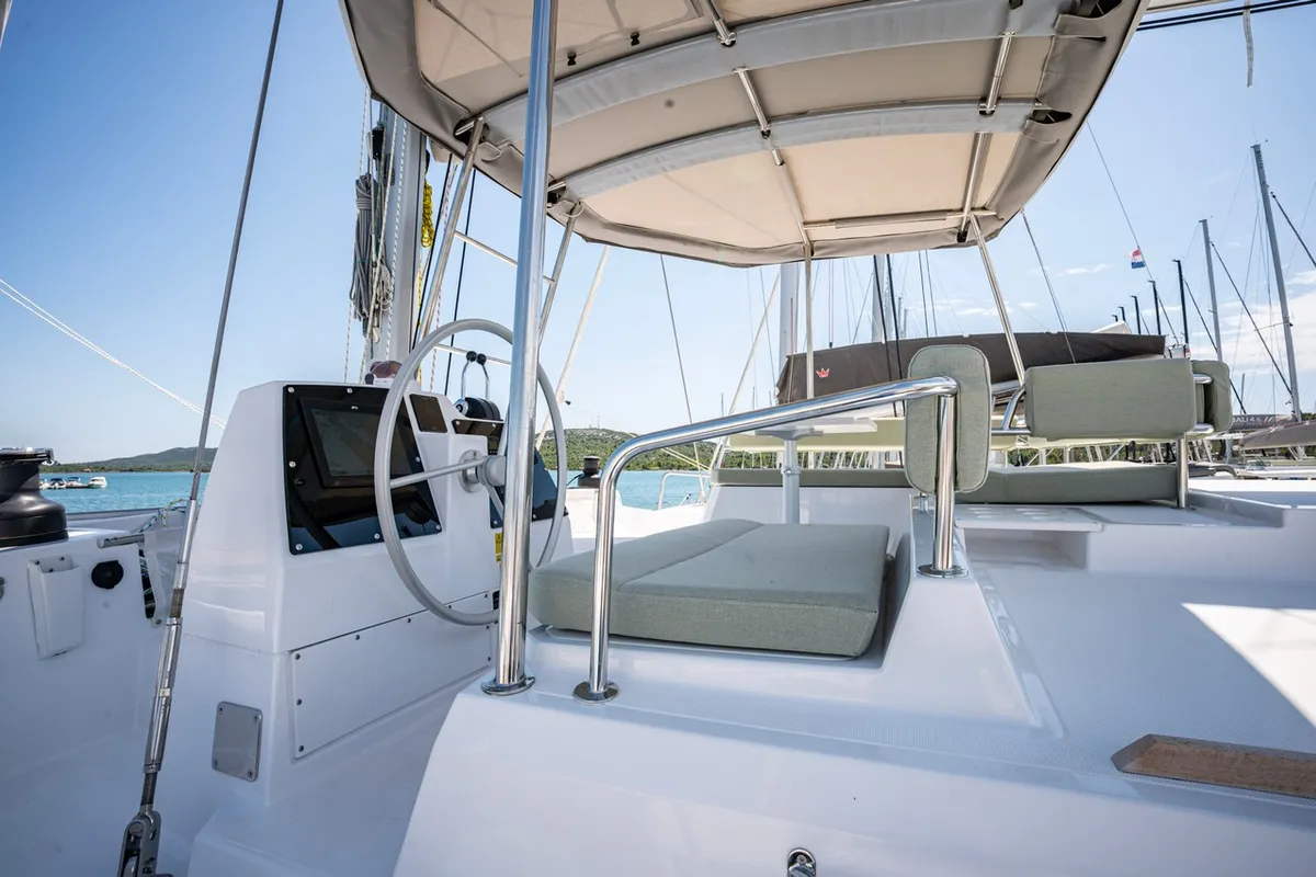 Cockpit of Love Story, a Bali 4.6 catamaran at Pirovac, Croatia