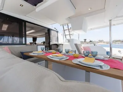 Deck of Fountaine Pajot Saona 47, a catamaran at Kaštela, Croatia