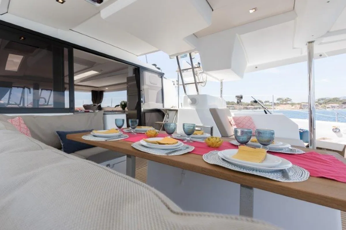 Deck of Fountaine Pajot Saona 47, a catamaran at Kaštela, Croatia