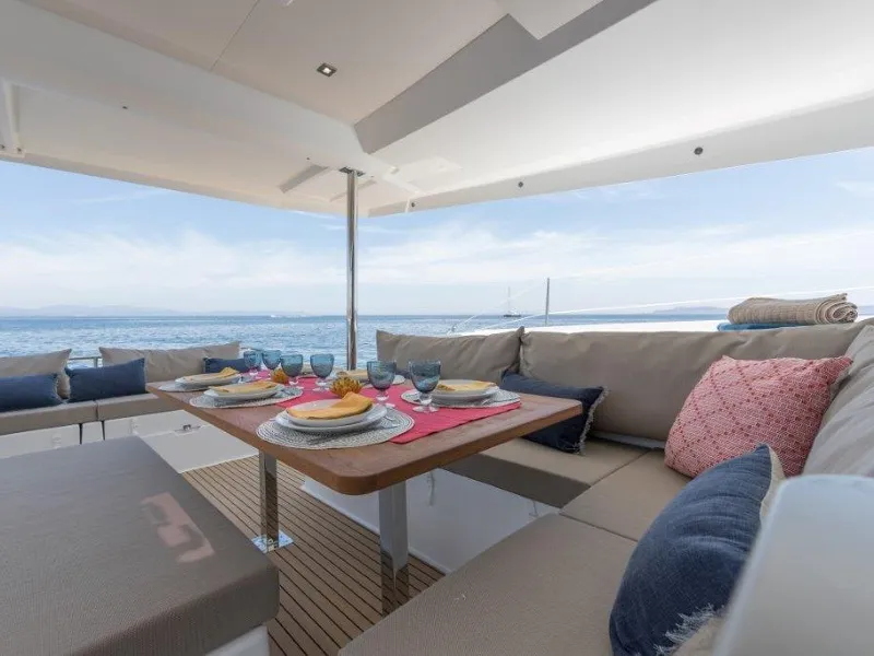 Deck of Fountaine Pajot Saona 47, a catamaran at Kaštela, Croatia